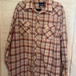 Wrangler Men's Plaid Button-Down Shirt in Red and Tan